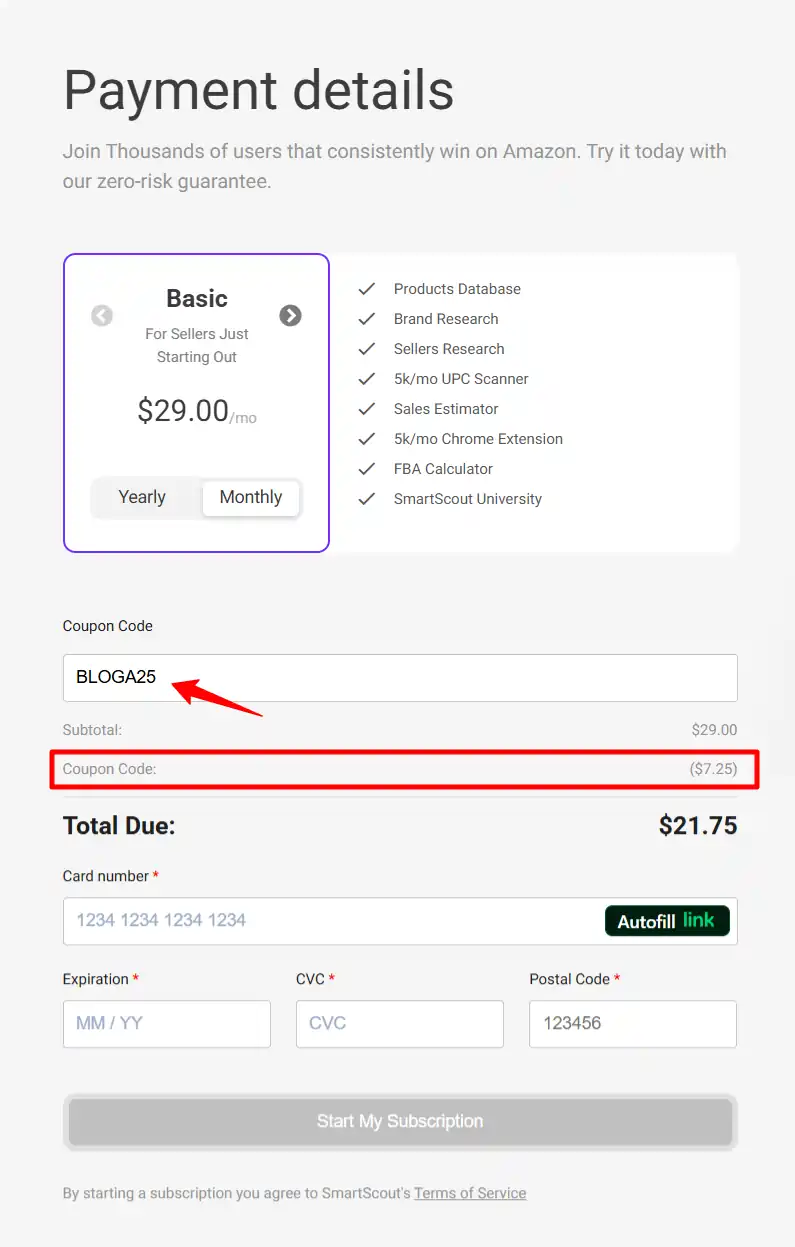 Applying SmartScout Coupon Code- Checkout Page