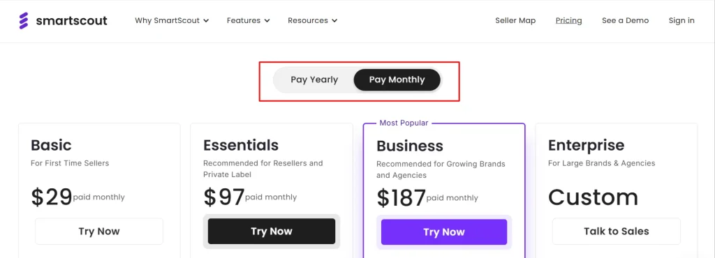 SmartScout Pricing- Yearly and monthly options