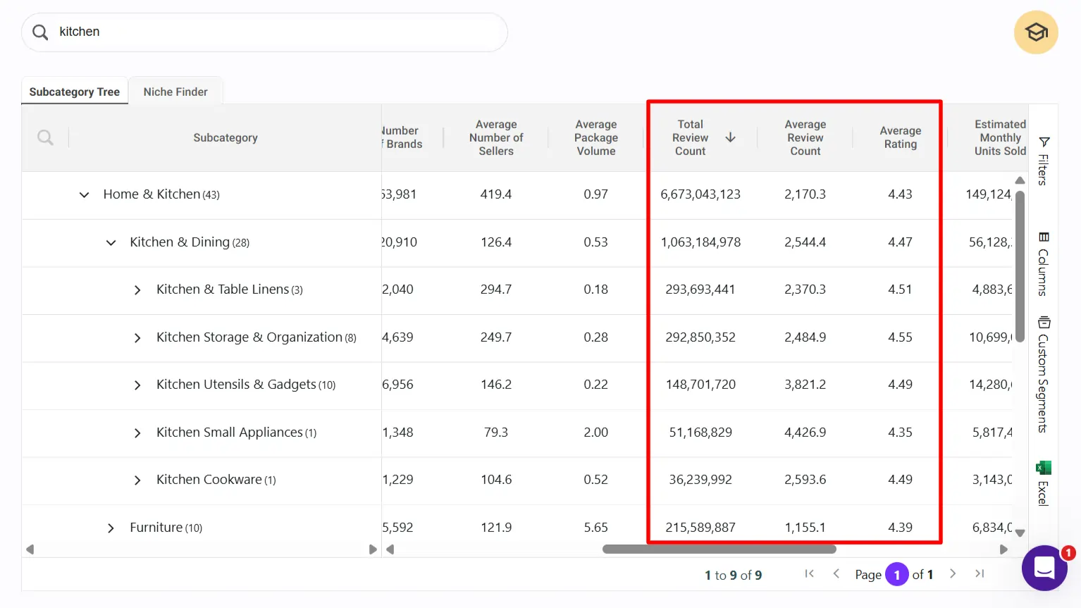 SmartScout Subcategories Analyzing Review Count Trends