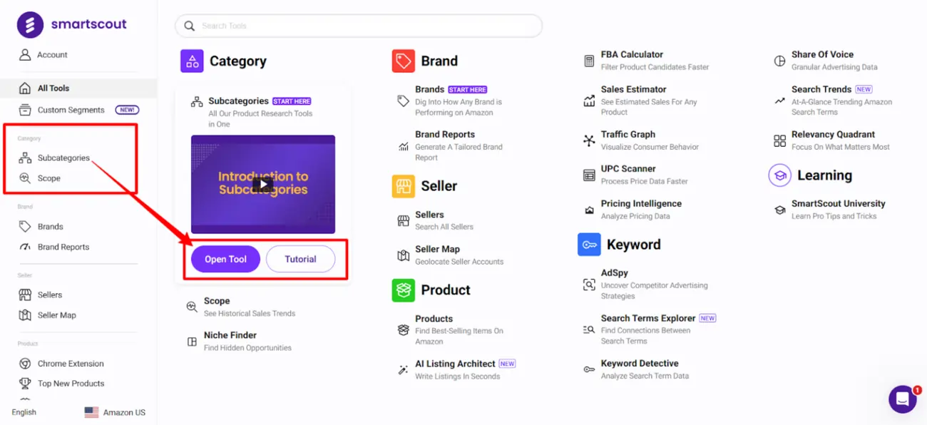 Select Subcategories on SmartScout Dashboard