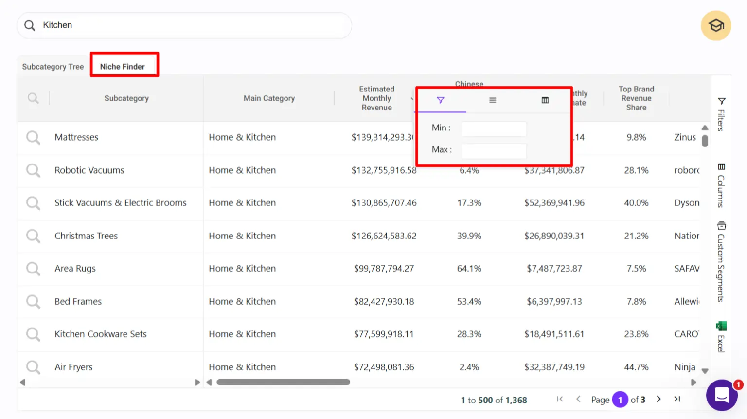 SmartScout Niche Finder Filters